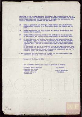 Acuerdo entre la Federación Local de Obreros en Madera de Madrid y el taller del señor Martínez C...