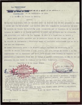 Carta enviada por la Sociedad de Peones de Albañil «La Progresiva» de Castellón, a la Sociedad de Peones en General, de Madrid, para informarle de los puntos del acuerdo a que han llegado con la Patronal para poner fin a la huelga que llevaban a cabo